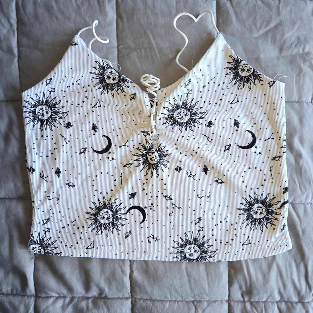 White Celestial Print Tie Front Camisole